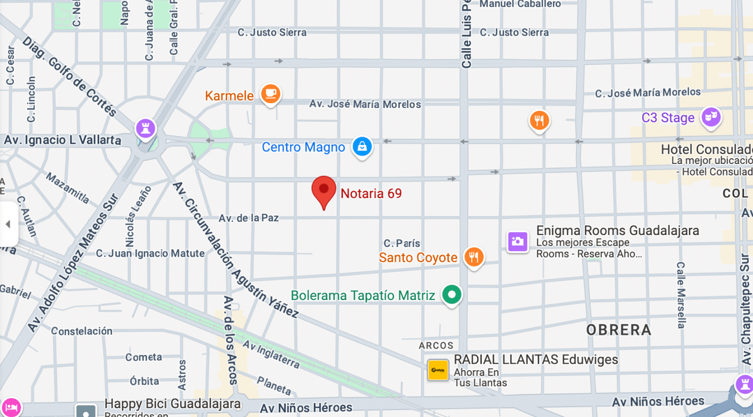 Mapa de ubicación de Notaría 69 en Av. de la Paz, Arcos Vallarta, Guadalajara
